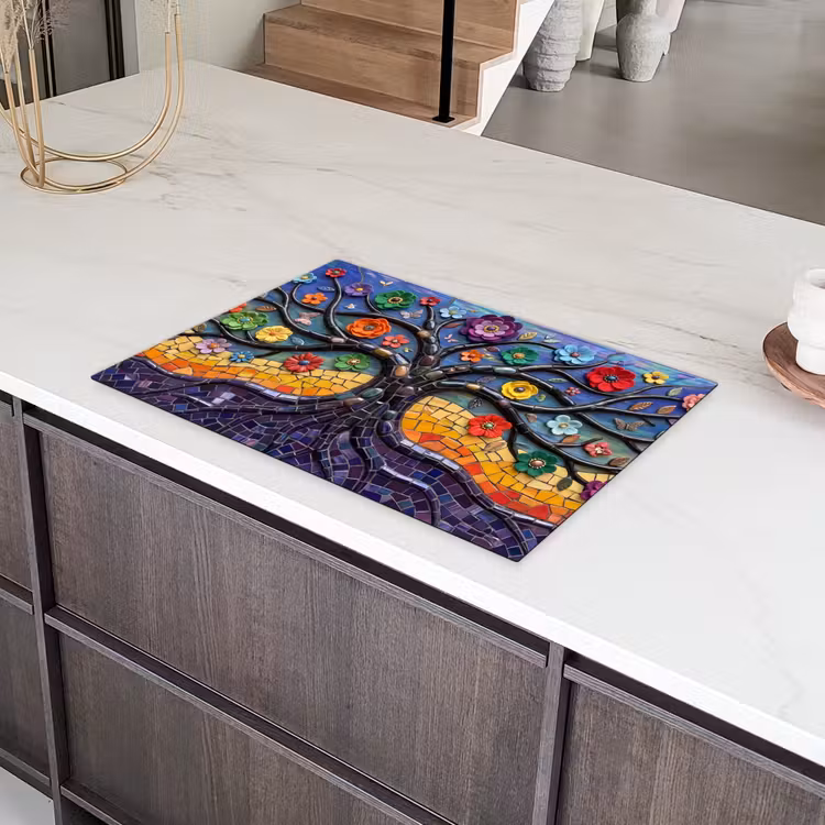 Levensboom - Mozaïek - Bloemen - Kleurrijk - Vrolijk Inductie beschermer vinyl 3mm klein -sfeer8