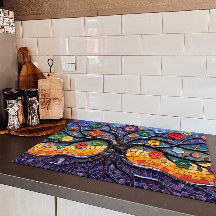 Levensboom - Mozaïek - Bloemen - Kleurrijk - Vrolijk Inductie beschermer vinyl 3mm klein -sfeer3