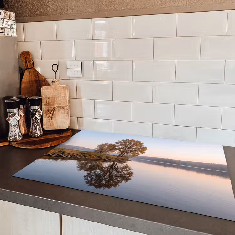 Bomen - Reflectie - Water - Zonsopgang - Serene Inductie beschermer vinyl 3mm klein -sfeer3