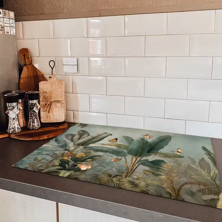 Tropisch bladerdek - Vlinders - groen - Bruin Inductie beschermer vinyl 3mm klein -sfeer3