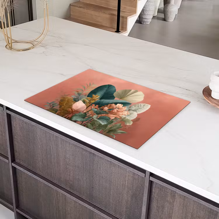 Tropische bladeren - Bloemen - Roze - groen Inductie beschermer vinyl 3mm klein -sfeer8