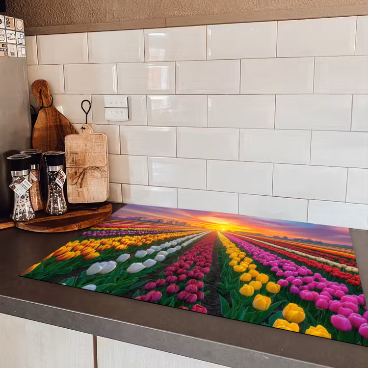 Tulpenveld - Zonsondergang - Kleurrijk Inductie beschermer vinyl 3mm klein -sfeer3