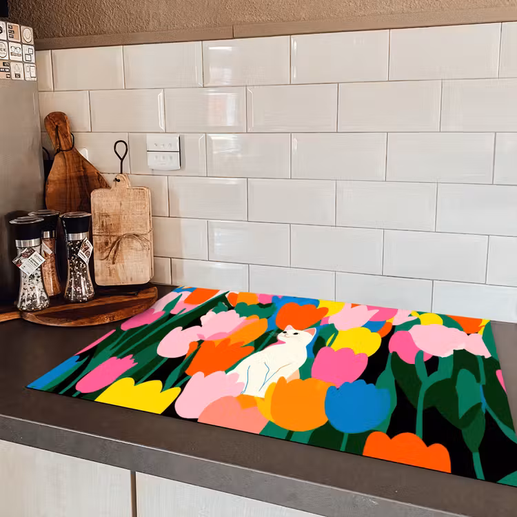 Tulpen - Kat - Kleurrijk Inductie beschermer vinyl 3mm klein -sfeer3