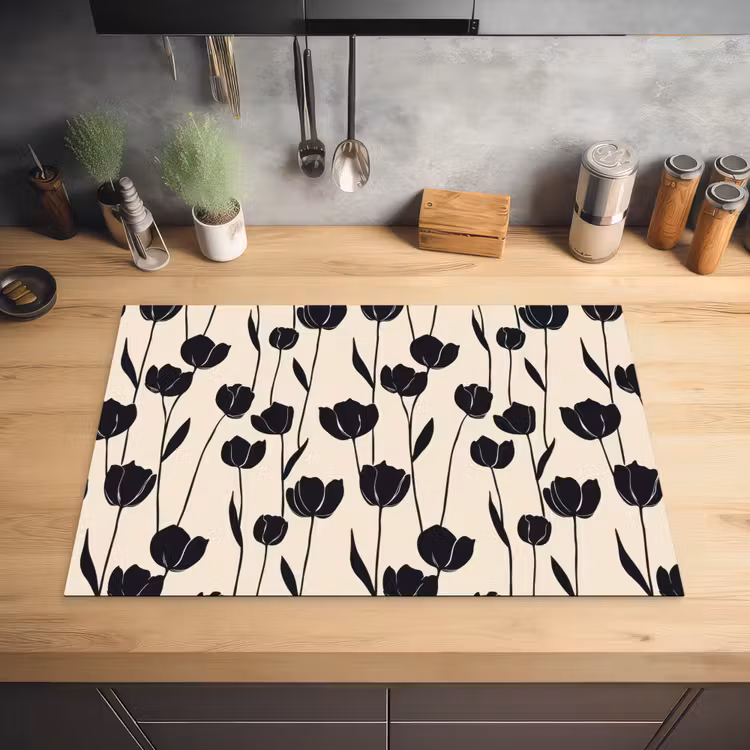 Tulpen - Patroon - Zwart Inductie beschermer vinyl 3mm klein 276 -sfeer5