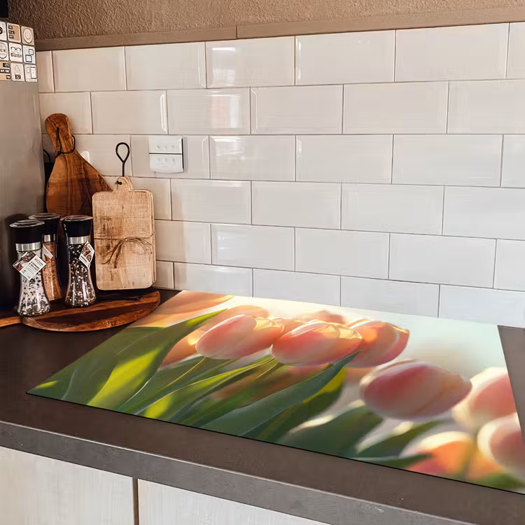Tulpen - Roze - Zonnestralen Inductie beschermer vinyl 3mm klein -sfeer3