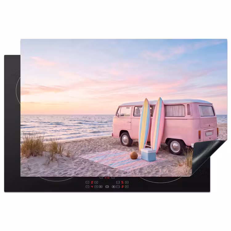 Busje - Strand - Surfplank - Zomer - Roze Inductie beschermer vinyl 3mm klein -3d