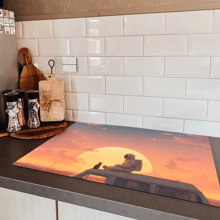 Busje - Kat - Zonsondergang - Oranje Inductie beschermer vinyl 3mm klein -sfeer3