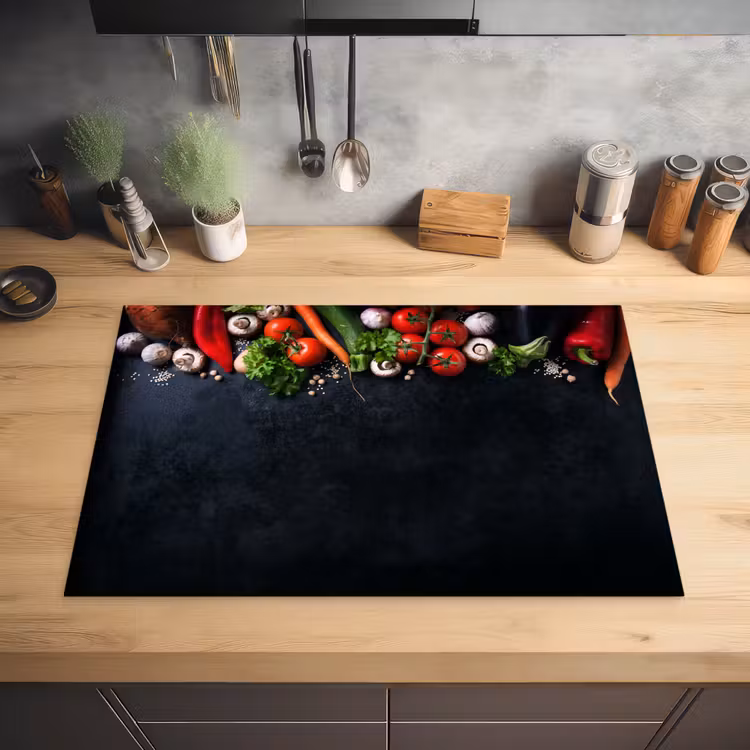 Groente - Kruiden - Specerijen - Zwart - Rustiek - Keuken Inductie beschermer vinyl 3mm klein -sfeer5