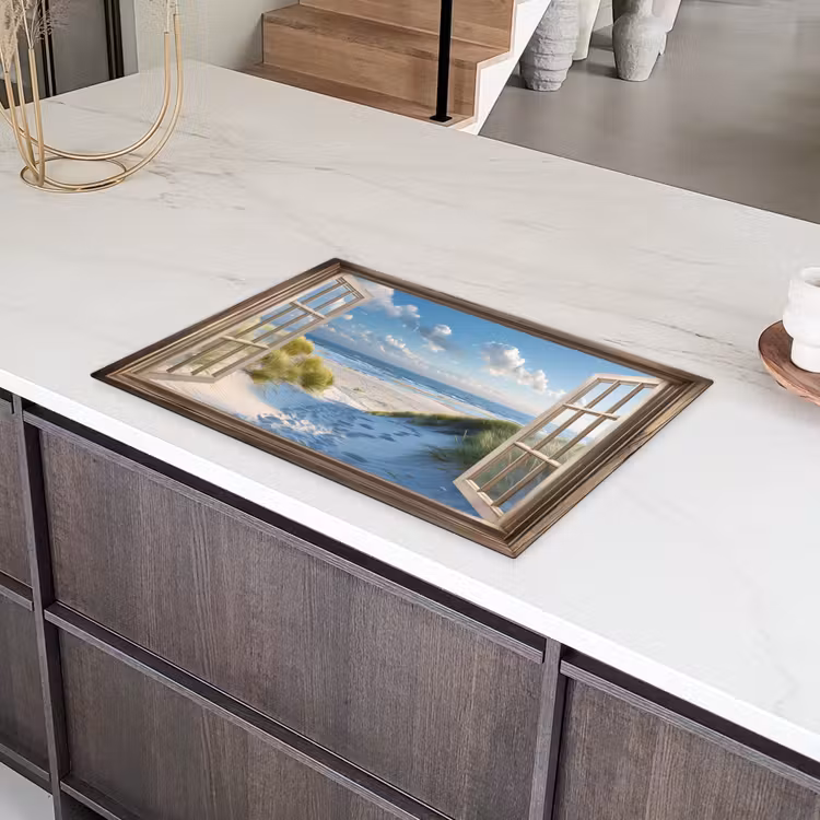 Doorkijk - Strand - Raam - Duinen - Zee Inductie beschermer vinyl 3mm klein -sfeer8