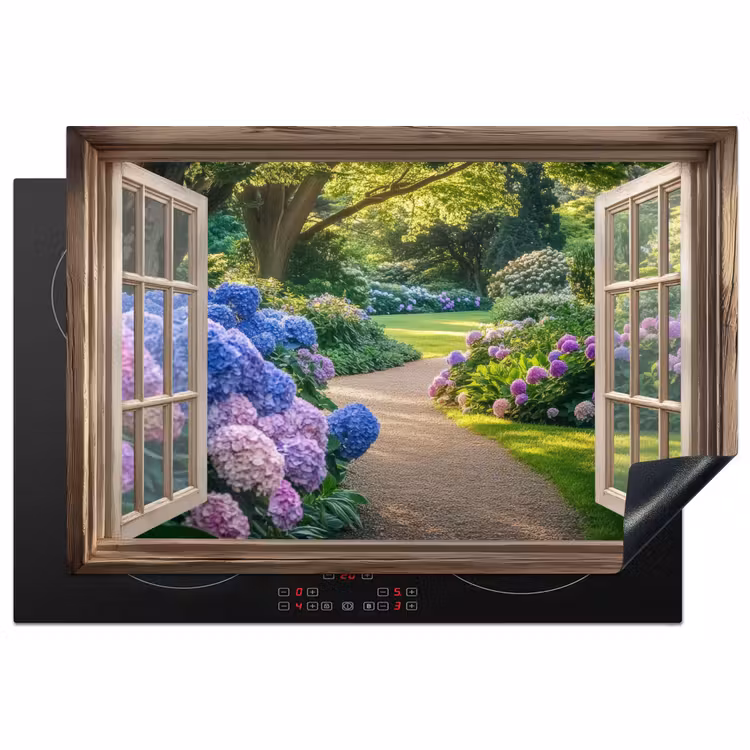 Doorkijk - Tuin - Raam - Hortensia - Bloemen Inductie beschermer vinyl 3mm klein -3d