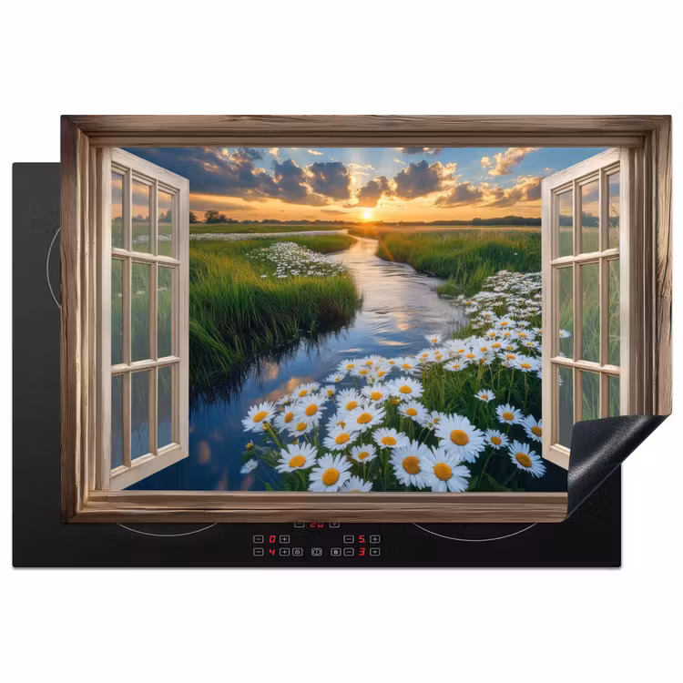 Doorkijk - Landschap - Raam - Water - Zonsondergang Inductie beschermer vinyl 3mm klein -3d
