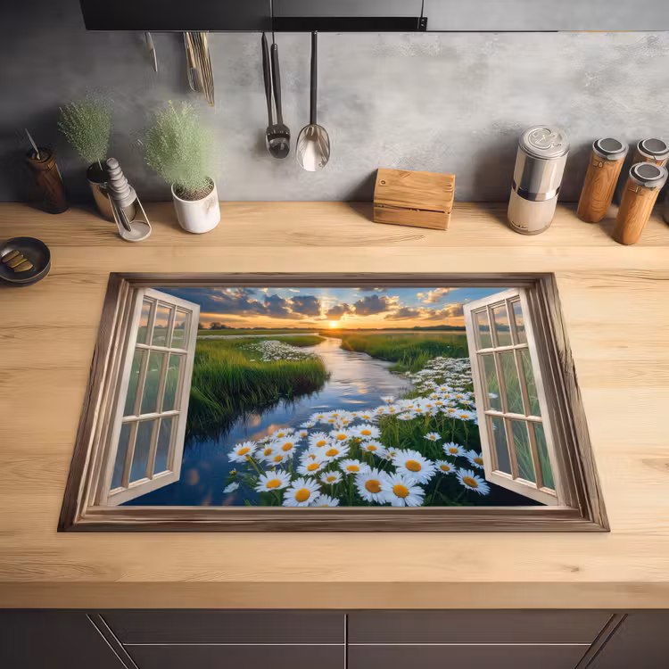Doorkijk - Landschap - Raam - Water - Zonsondergang Inductie beschermer vinyl 3mm klein -sfeer5
