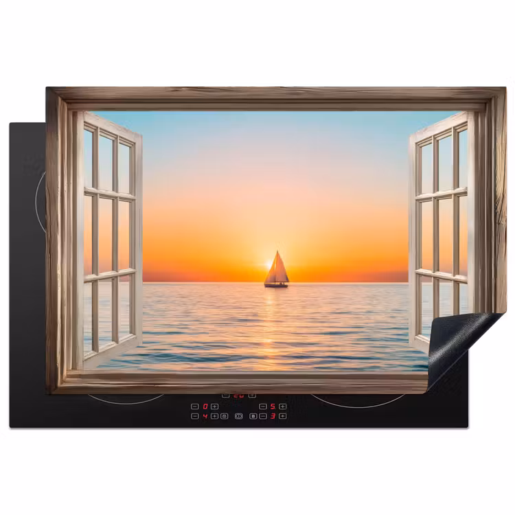 Doorkijk - Zee - Boot - Zonsondergang Inductie beschermer vinyl 3mm klein -3d