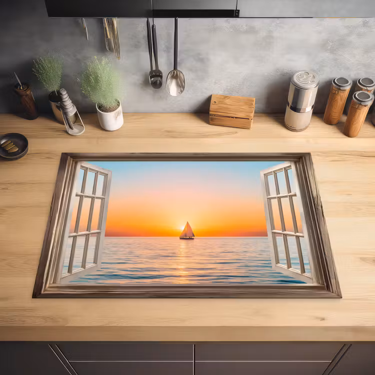 Doorkijk - Zee - Boot - Zonsondergang Inductie beschermer vinyl 3mm klein -sfeer5