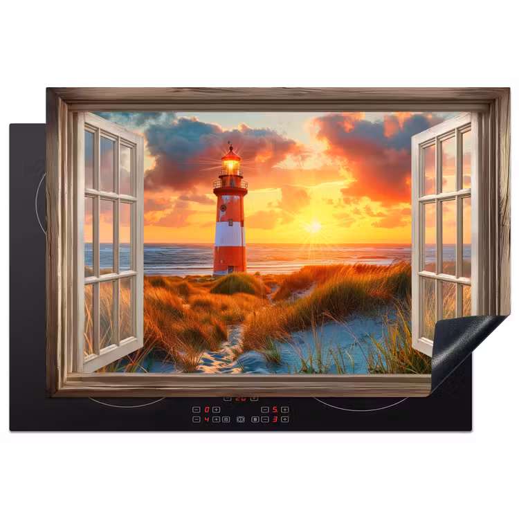 Doorkijk - Raam - Vuurtoren - Zonsondergang - Strand Inductie beschermer vinyl 3mm klein -3d