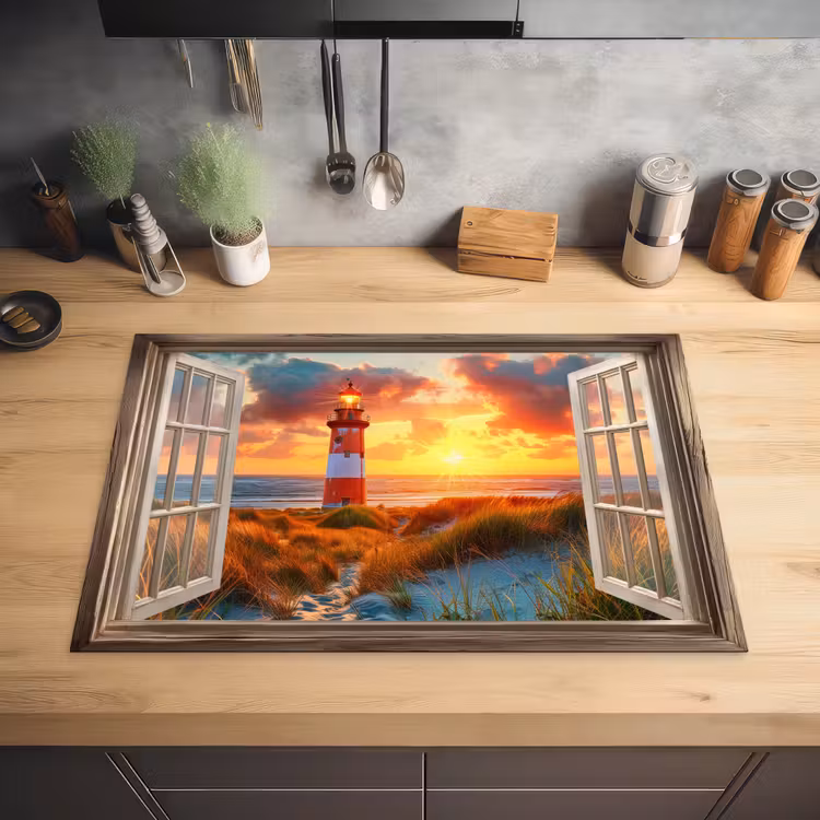 Doorkijk - Raam - Vuurtoren - Zonsondergang - Strand Inductie beschermer vinyl 3mm klein -sfeer5