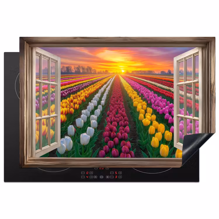 Doorkijk - Bloemen - Tulpen - Kleurrijk - Zonsondergang Inductie beschermer vinyl 3mm klein -3d