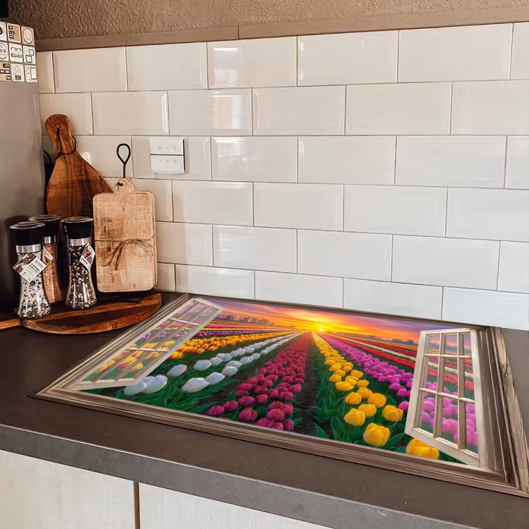 Doorkijk - Bloemen - Tulpen - Kleurrijk - Zonsondergang Inductie beschermer vinyl 3mm klein -sfeer3