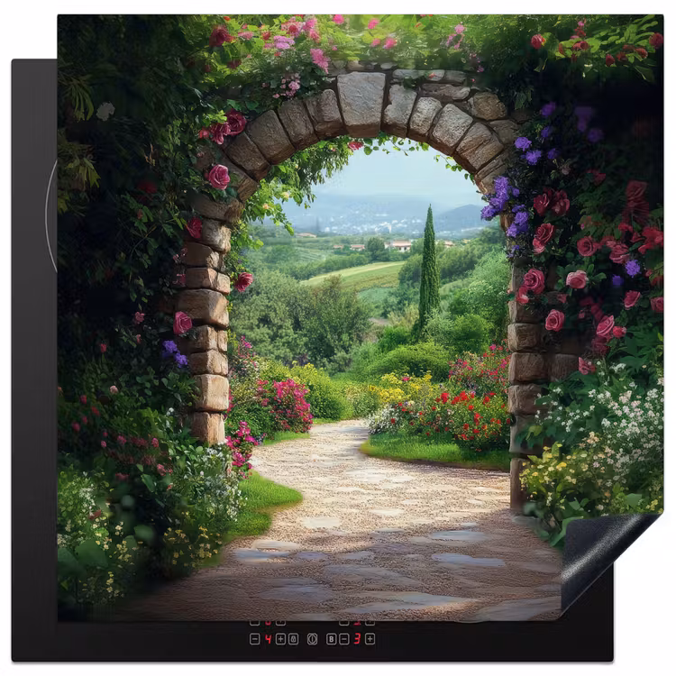 Doorkijk - Landschap - Bloemen - Pad - Uitzicht Inductie beschermer vinyl 3mm middel -3d