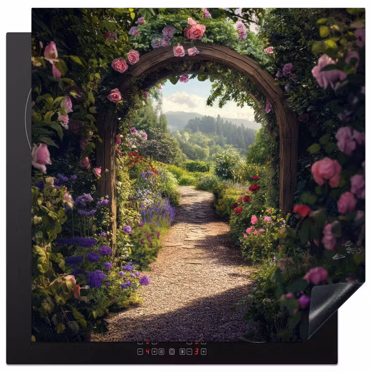Doorkijk - Landschap - Bloemen - Rozenboog - Natuur Inductie beschermer vinyl 3mm middel -3d