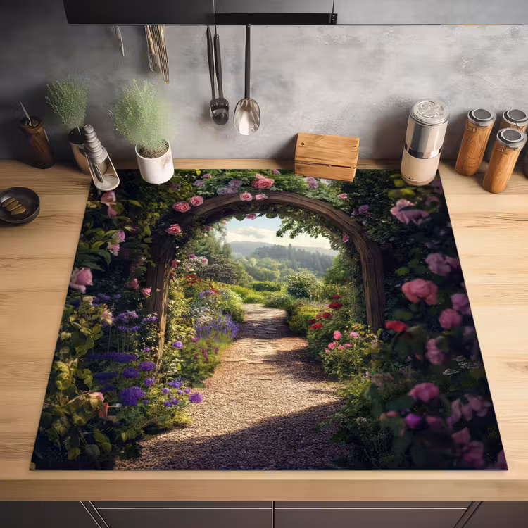 Doorkijk - Landschap - Bloemen - Rozenboog - Natuur Inductie beschermer vinyl 3mm middel -sfeer5
