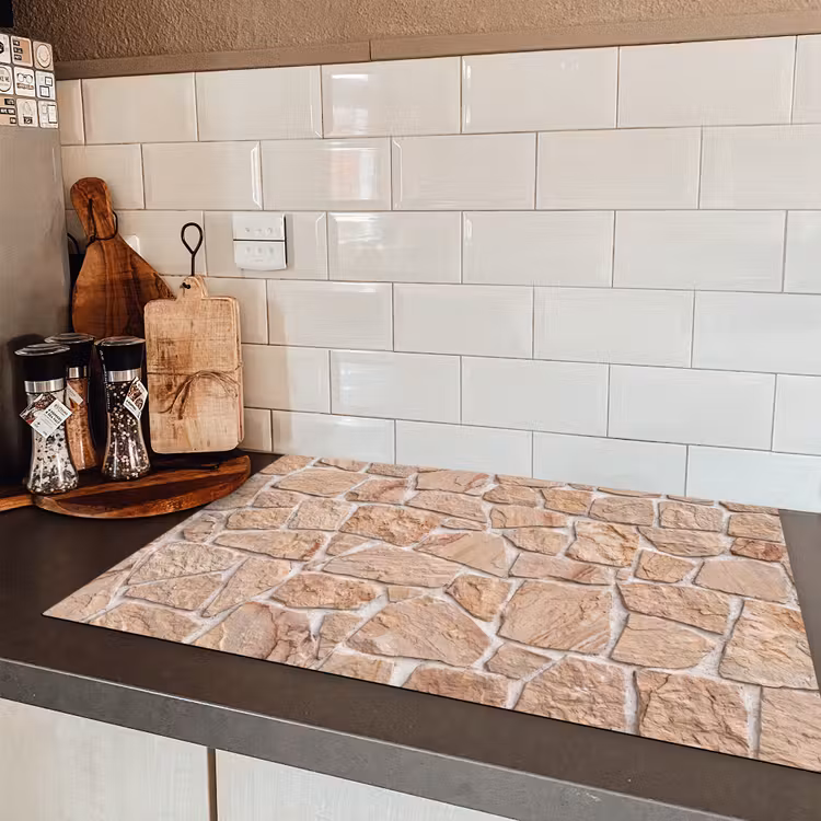 Muur - Steen - Patroon - Rustiek - Beige Inductie beschermer vinyl 3mm klein -sfeer3