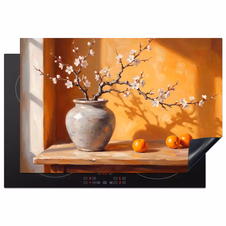 Induction Hob Cover - White Flowers - Still Life - Witte bloemen - Stilleven Inductie beschermer vinyl 3mm klein