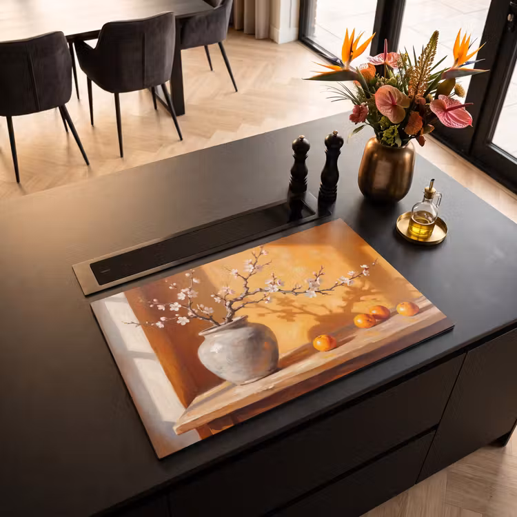 Induction Hob Cover - White Flowers - Still Life - Witte bloemen - Stilleven Inductie beschermer vinyl 3mm klein