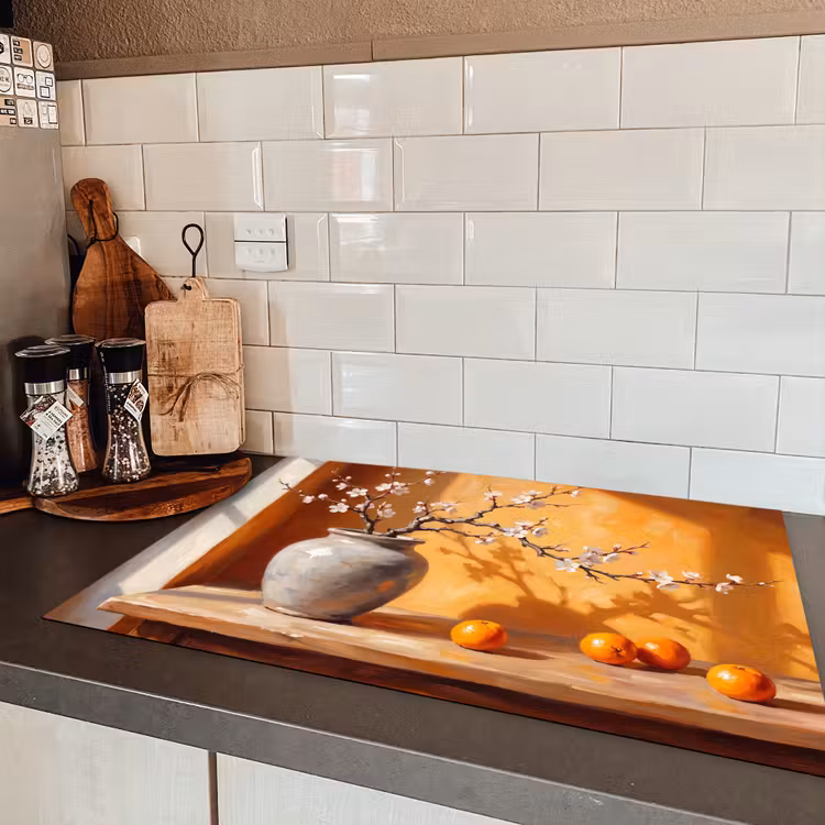 Induction Hob Cover - White Flowers - Still Life - Witte bloemen - Stilleven Inductie beschermer vinyl 3mm klein