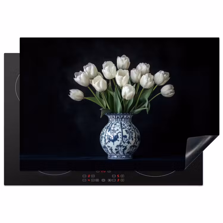 Wit - Bloemen - Tulpen - Vaas Inductie beschermer vinyl 3mm klein -3d