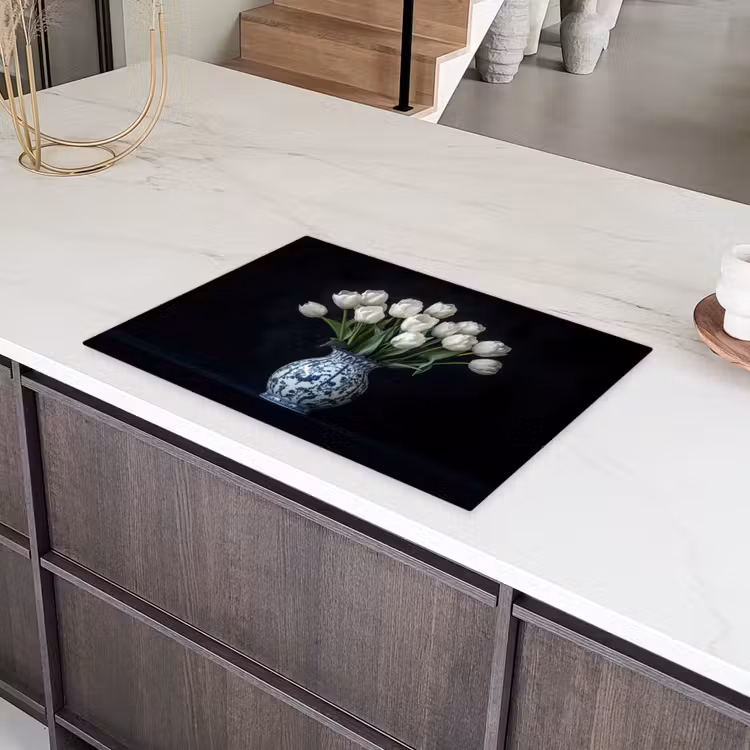 Wit - Bloemen - Tulpen - Vaas Inductie beschermer vinyl 3mm klein -sfeer8