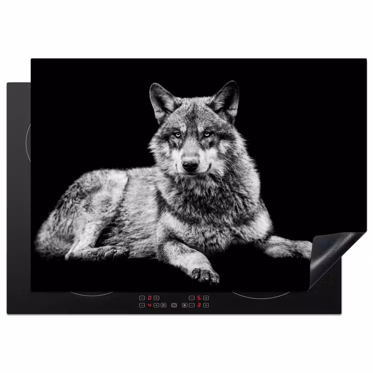 Wilde dieren - Wolf - Zwart - Wit Inductie beschermer vinyl 3mm middel -3d