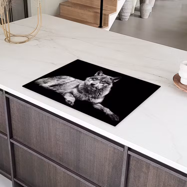 Wilde dieren - Wolf - Zwart - Wit Inductie beschermer vinyl 3mm middel -sfeer8
