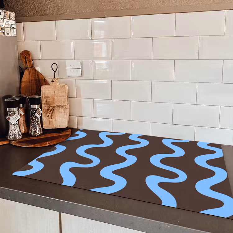 Kronkelende lijnen - Blauw - Bruin - Minimalistisch Inductie beschermer vinyl 3mm klein 276 -sfeer3