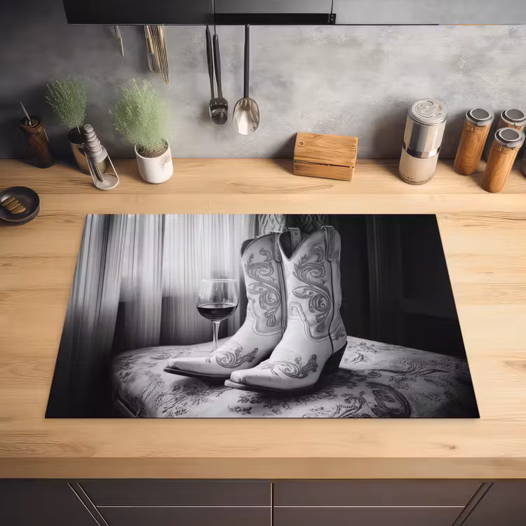 Wijn - Cowboylaarzen - Raamlicht - Wit Inductie beschermer vinyl 3mm klein -sfeer5