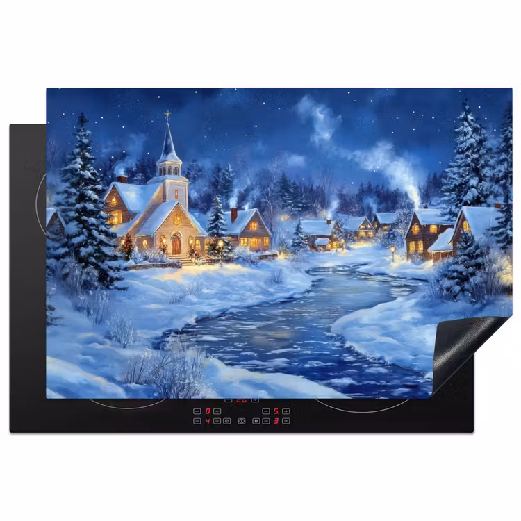 Winteravond - Kerstdorp - Donker Inductie beschermer vinyl 3mm klein -3d