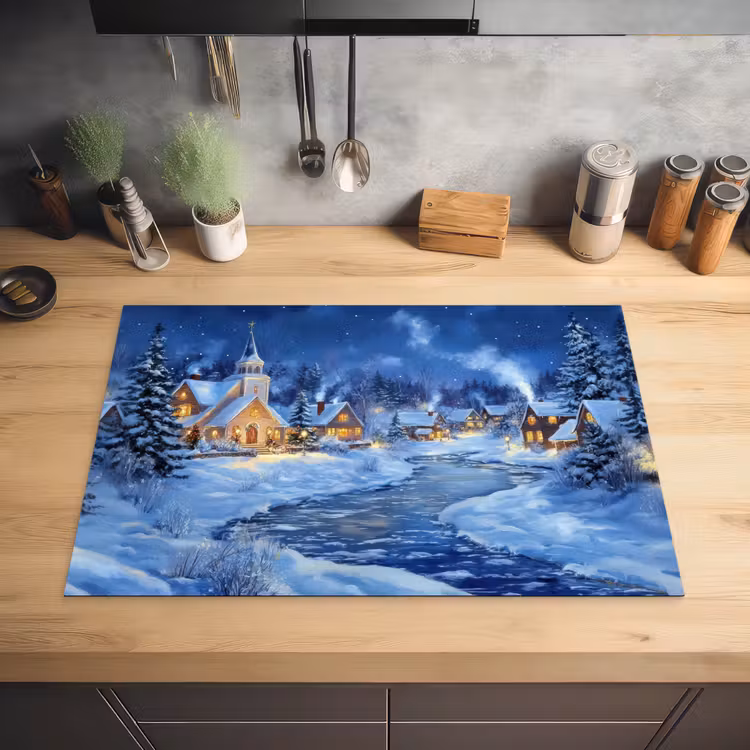 Winteravond - Kerstdorp - Donker Inductie beschermer vinyl 3mm klein -sfeer5