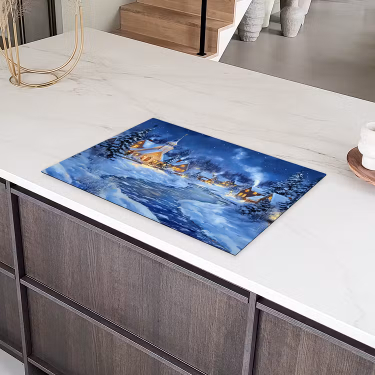 Winteravond - Kerstdorp - Donker Inductie beschermer vinyl 3mm klein -sfeer8