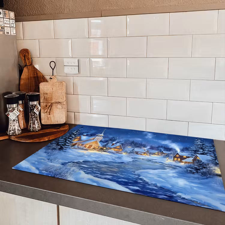 Winteravond - Kerstdorp - Donker Inductie beschermer vinyl 3mm klein -sfeer3