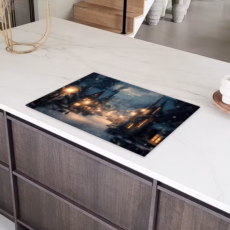 Winterdorp - Sneeuw - Donker Inductie beschermer vinyl 3mm klein -sfeer8