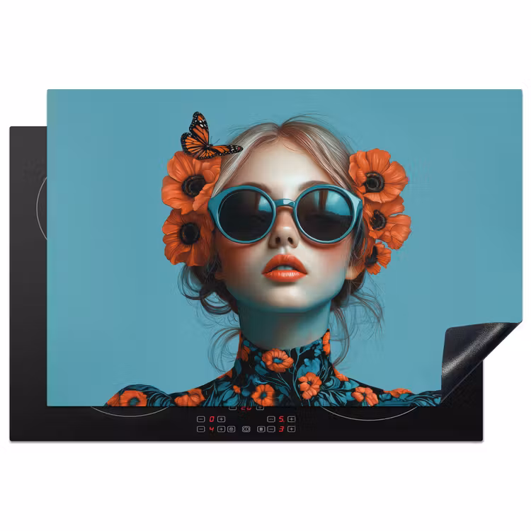 Vrouw - Blauw - Vlinder - Bloemen - Aesthetic Inductie beschermer vinyl 3mm klein -3d