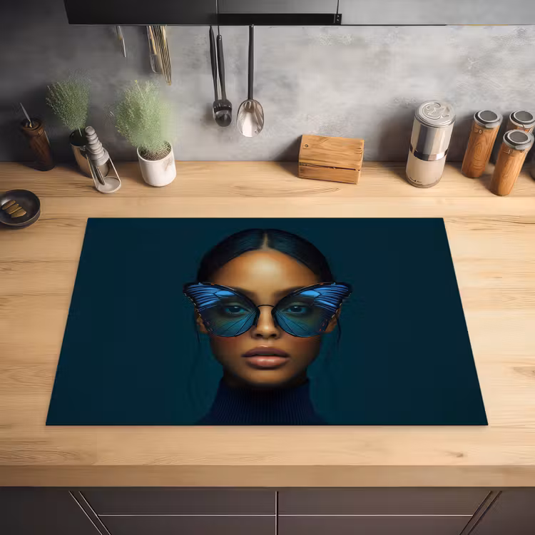 Vrouw - Vlinder - Bril - Blauw - Modern - Portret Inductie beschermer vinyl 3mm klein -sfeer5