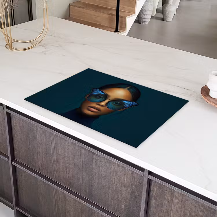 Vrouw - Vlinder - Bril - Blauw - Modern - Portret Inductie beschermer vinyl 3mm klein -sfeer8