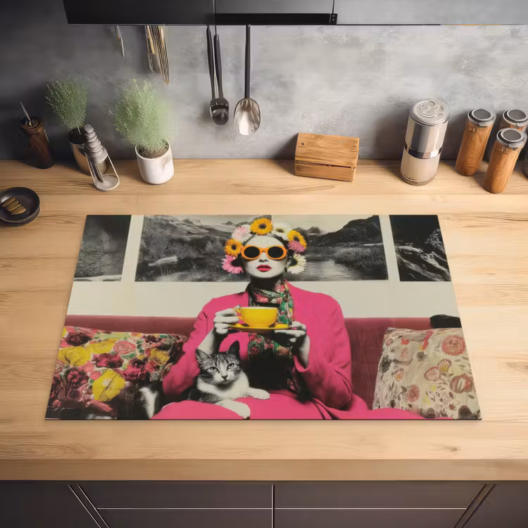 Vrouw - Kat - Bloemen - Kopje - Retro Inductie beschermer vinyl 3mm klein -sfeer5