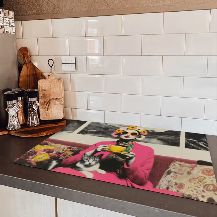 Vrouw - Kat - Bloemen - Kopje - Retro Inductie beschermer vinyl 3mm klein -sfeer3