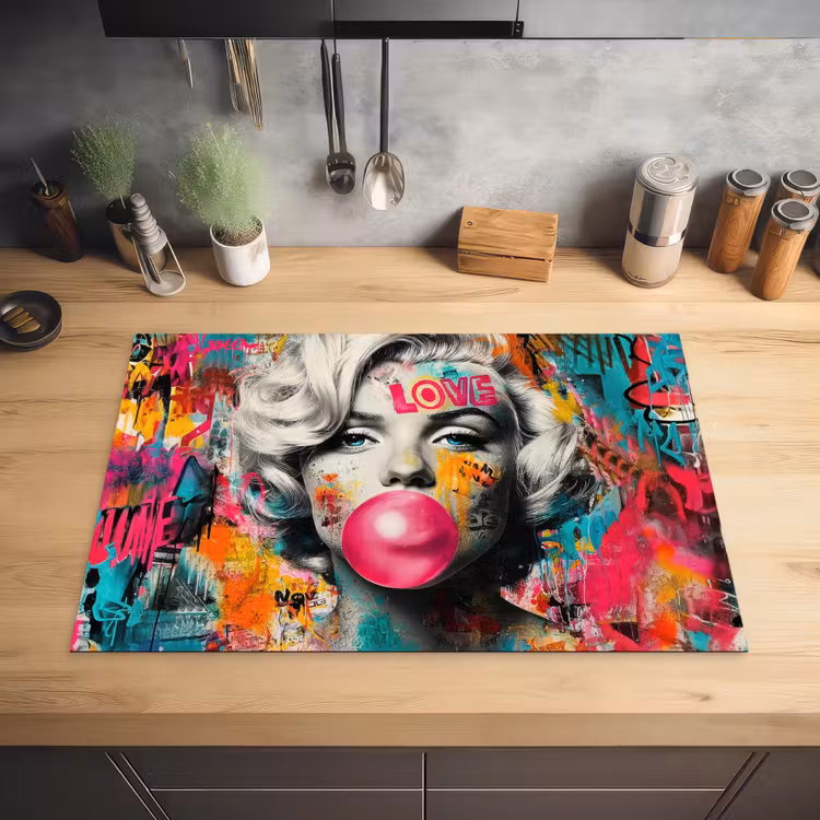 Vrouw - Kauwgom - Graffiti - Neonkleuren Inductie beschermer vinyl 3mm klein -sfeer5
