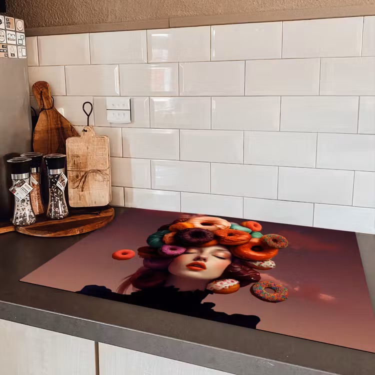 Vrouw - Donuts - Kleurrijk Inductie beschermer vinyl 3mm klein -sfeer3