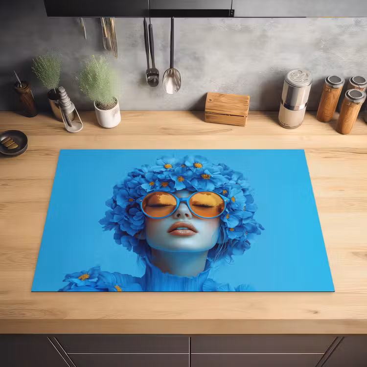Vrouw - Bloem - Blauw - Modern - Bril - Portret Inductie beschermer vinyl 3mm klein -sfeer5