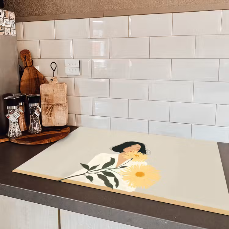 Vrouw - Bloem - Geel - Minimalistisch Inductie beschermer vinyl 3mm klein -sfeer3