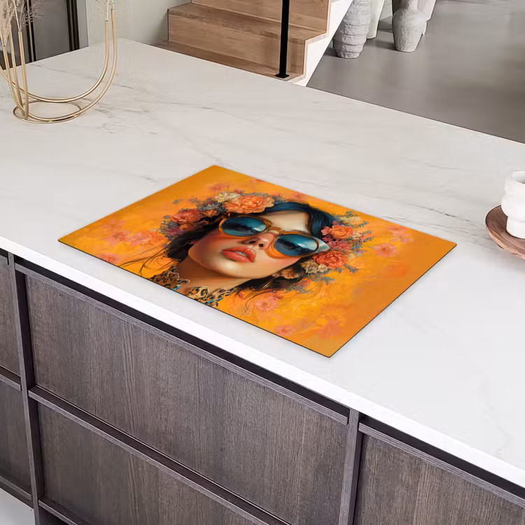Vrouw - Bloemen - Aesthetic - Oranje Inductie beschermer vinyl 3mm klein -sfeer8